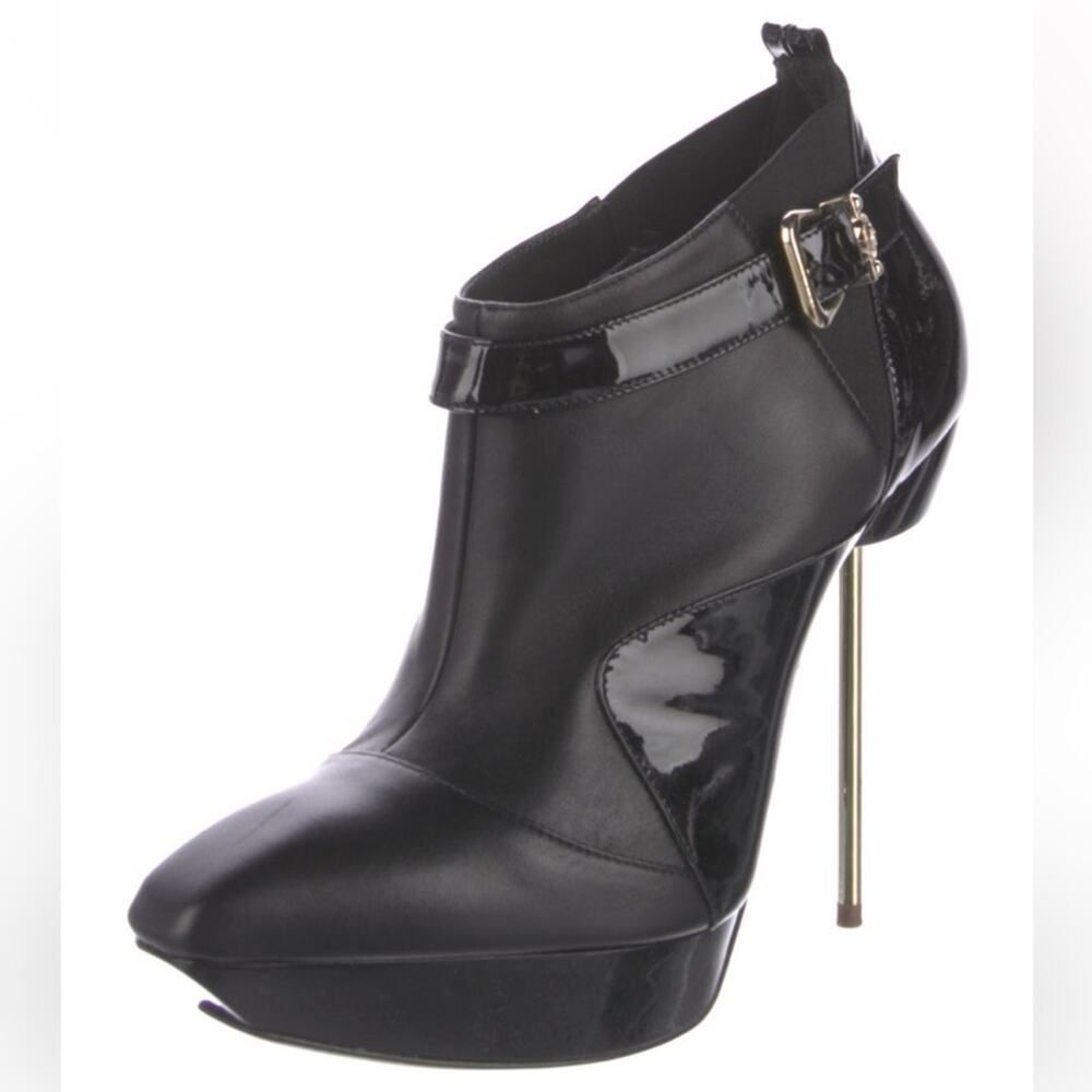 Versace Leather Ankle Biker Boots - size 8.5 - Glossy Black Y2k Stiletto Heels